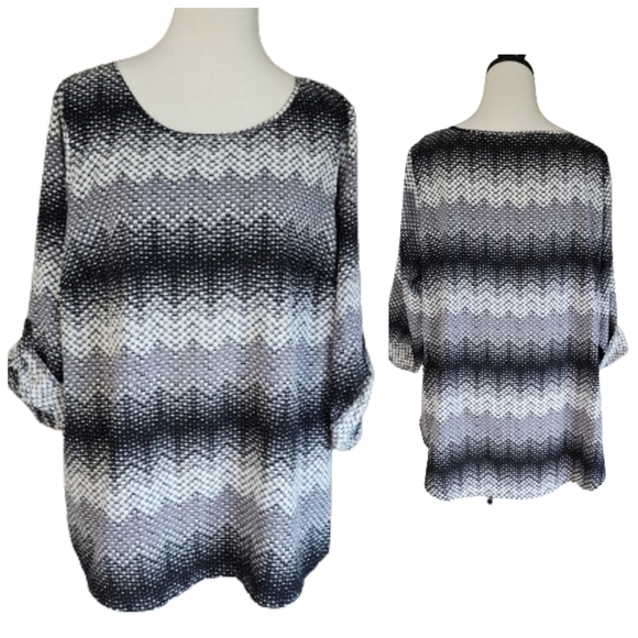 Plus size black gray and white polkadot roll tab sleeve blouse women's size 1X - Picture 1 of 11